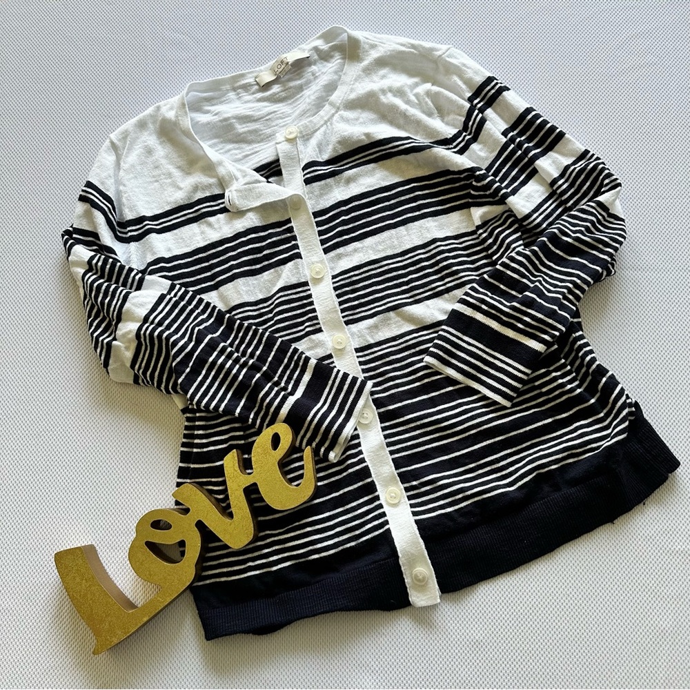 LOFT. Black and white striped button down cotton cardigan, size L, EUC